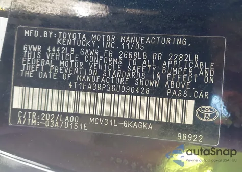 2006 Toyota Camry Solara Sle z USA, uszkodzony, nr VIN 4T1FA38P36U090428